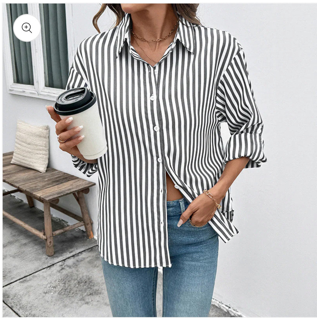 Black + White Striped Button Down Long Sleeve