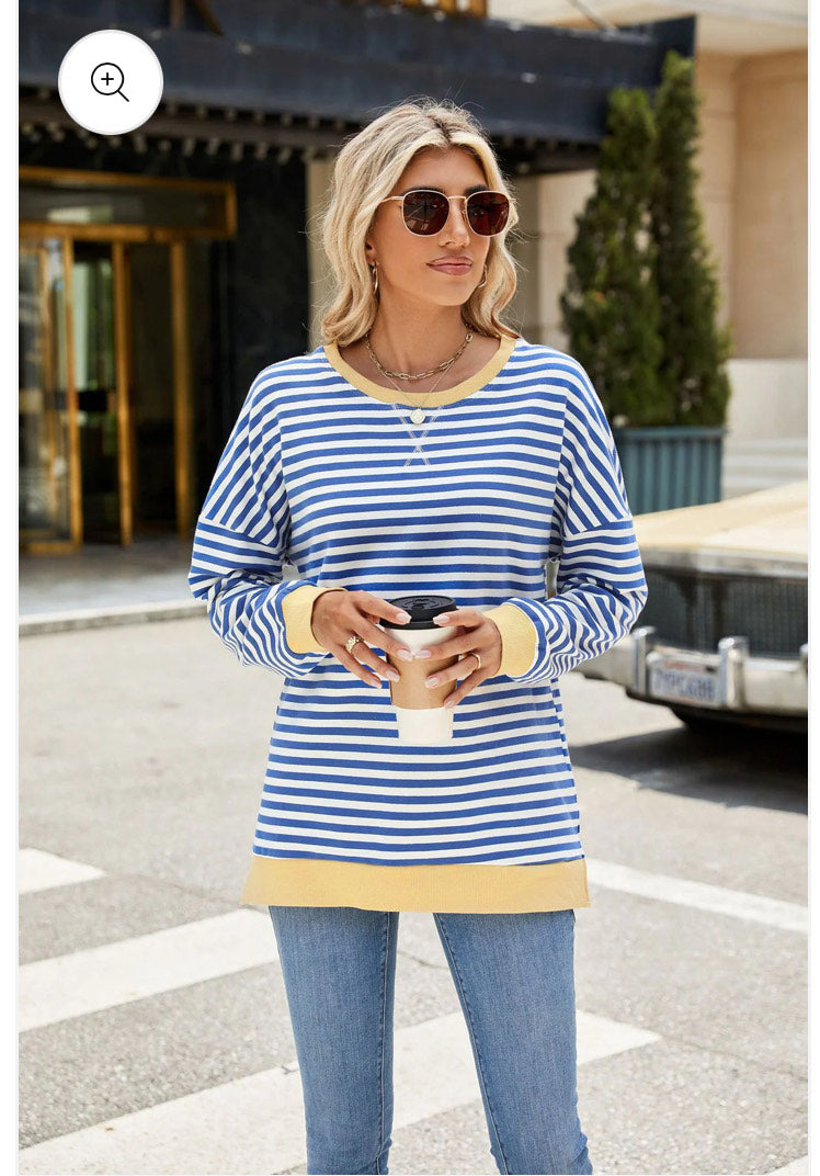 Contrasting Crew Neck Split Long Sleeve Loose Striped Sweater