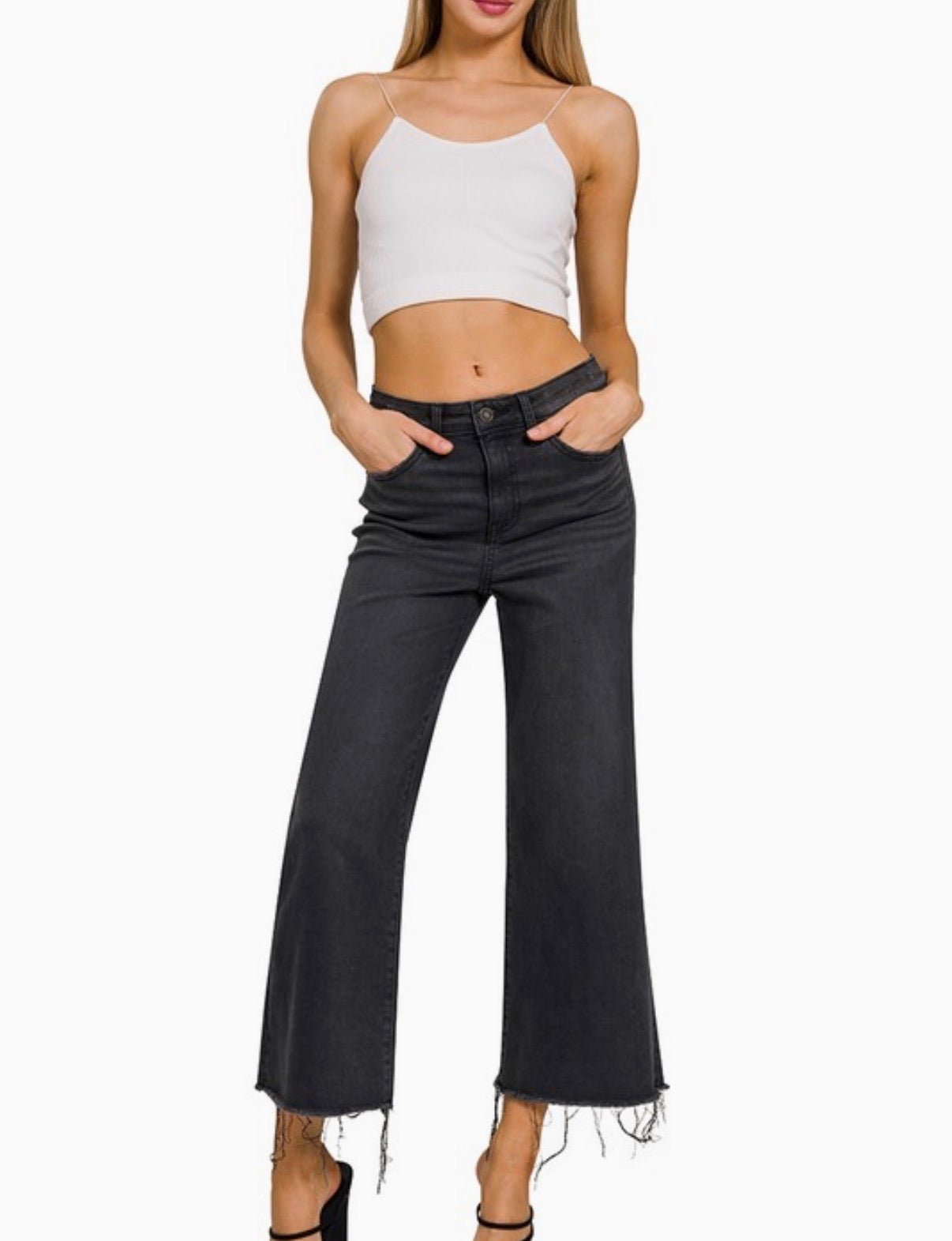 High Rise Washed Black Cropped Jean Pants