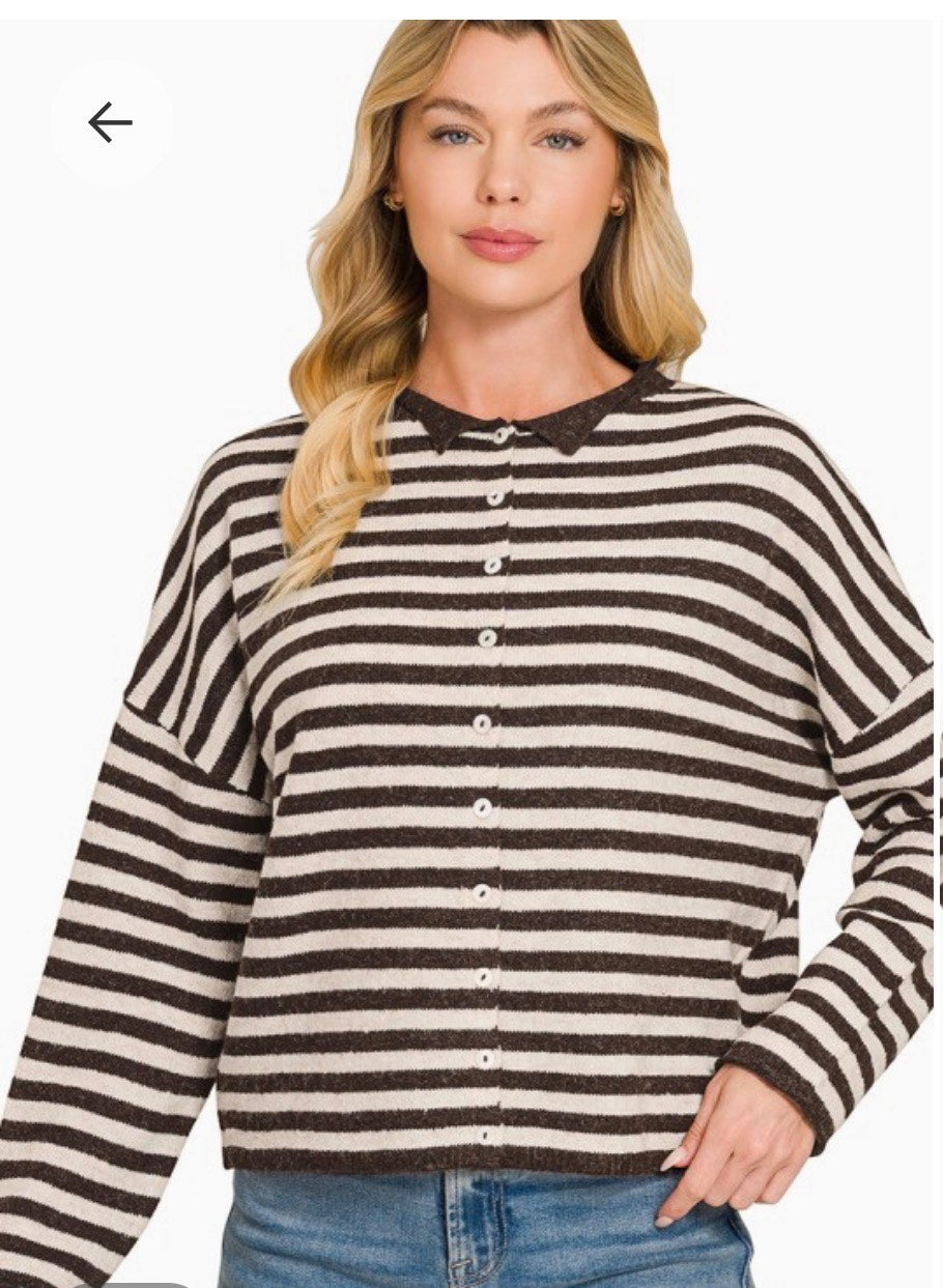 Striped Collared Button-Down Sweater Cardigan