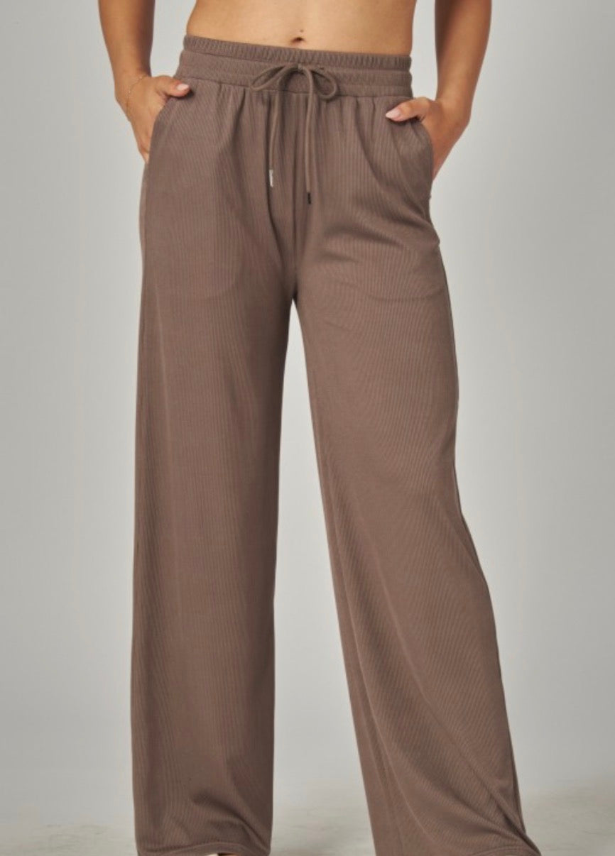 Stretchy Ribbed Drawstring Pocket Wide Leg Pants