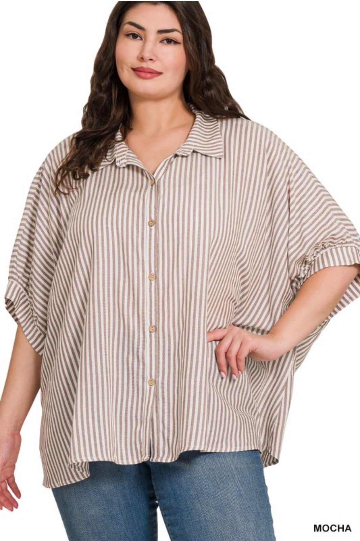 (Plus) Rayon Striped Short Sleeve Button Up Shirt