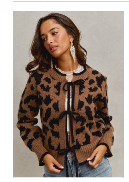 Leopard Open Front Cardigan with Ribbon Tie